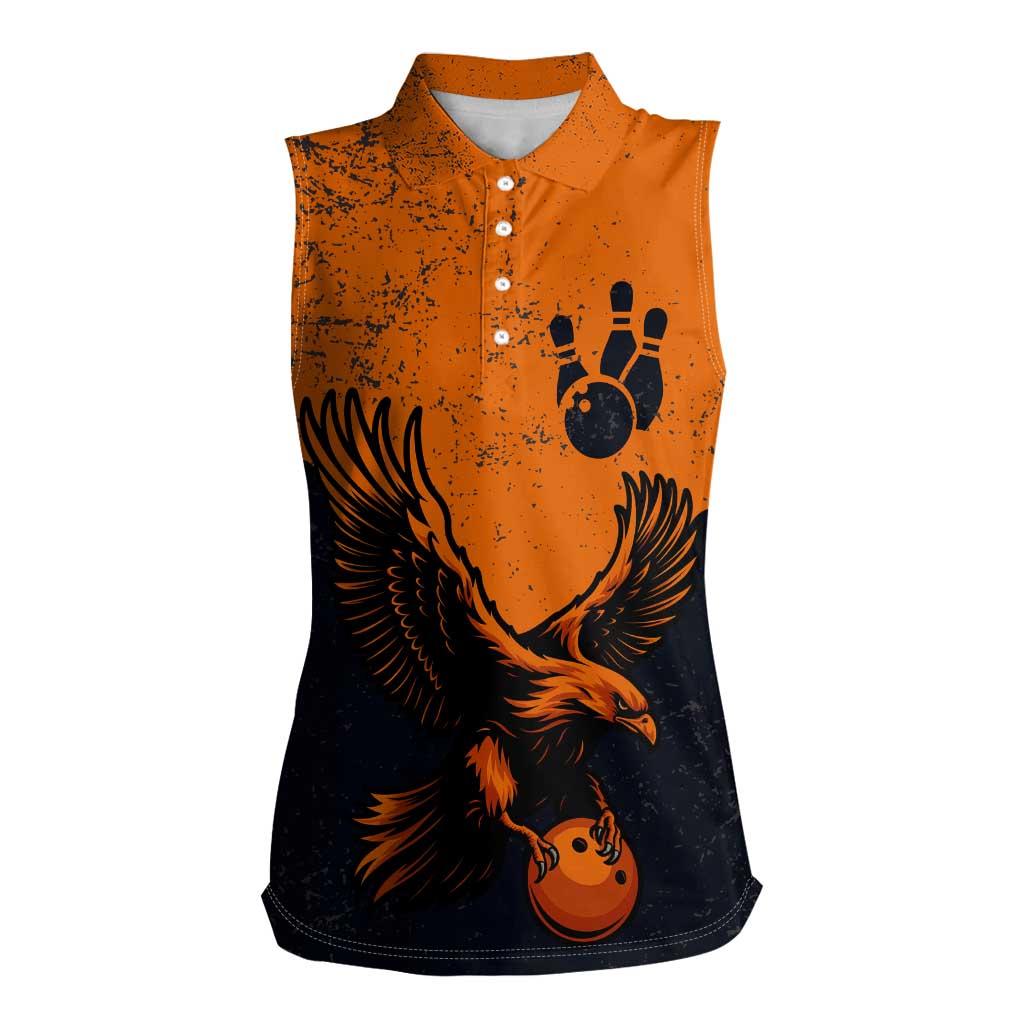 Flying Eagle Carrying Bowling Ball Women Sleeveless Polo Shirt with Grunge Orange and Black Splatter Design - Wonder Print Shop