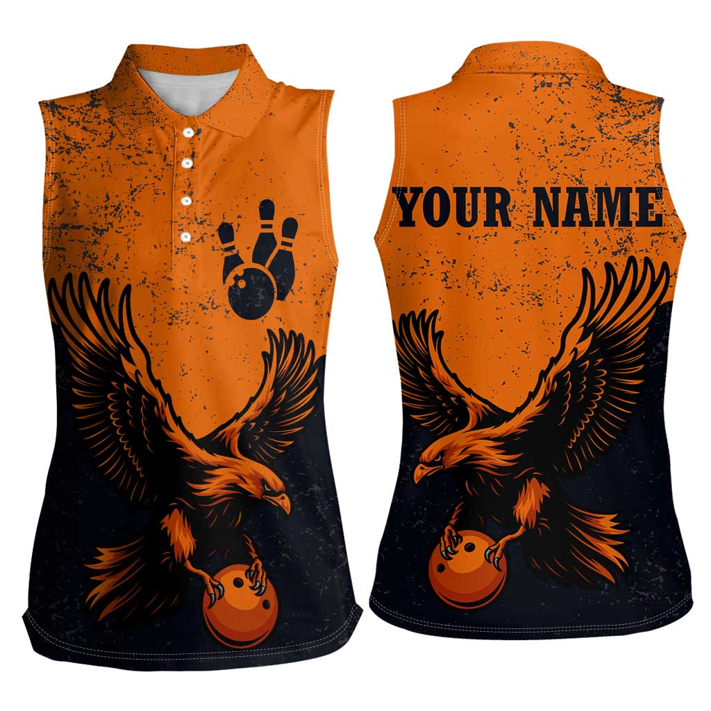 Flying Eagle Carrying Bowling Ball Women Sleeveless Polo Shirt with Grunge Orange and Black Splatter Design - Wonder Print Shop