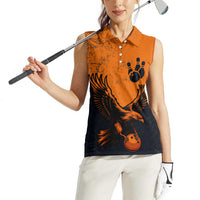 Flying Eagle Carrying Bowling Ball Women Sleeveless Polo Shirt with Grunge Orange and Black Splatter Design - Wonder Print Shop