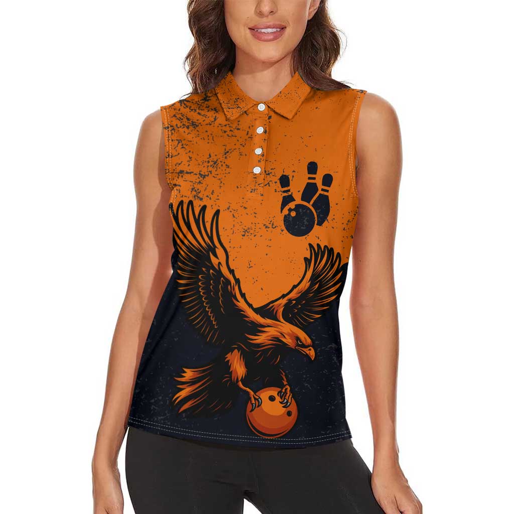 Flying Eagle Carrying Bowling Ball Women Sleeveless Polo Shirt with Grunge Orange and Black Splatter Design - Wonder Print Shop