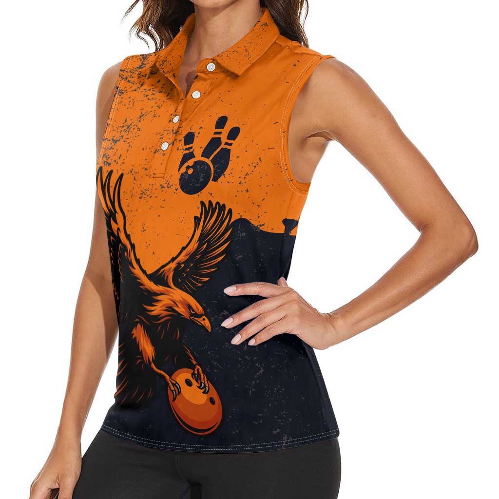 Flying Eagle Carrying Bowling Ball Women Sleeveless Polo Shirt with Grunge Orange and Black Splatter Design - Wonder Print Shop