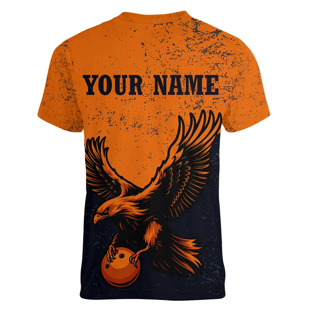 Flying Eagle Carrying Bowling Ball Women V-Neck T-Shirt with Grunge Orange and Black Splatter Design - Wonder Print Shop