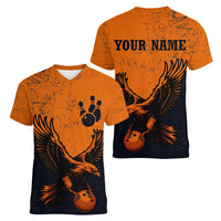 Flying Eagle Carrying Bowling Ball Women V-Neck T-Shirt with Grunge Orange and Black Splatter Design - Wonder Print Shop