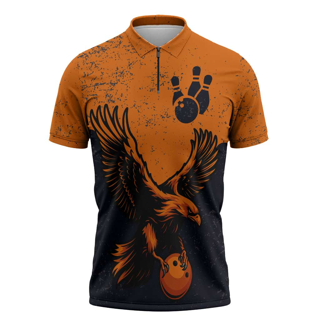 Flying Eagle Carrying Bowling Ball Zipper Polo Shirt with Grunge Orange and Black Splatter Design - Wonder Print Shop