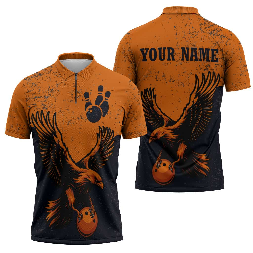 Flying Eagle Carrying Bowling Ball Zipper Polo Shirt with Grunge Orange and Black Splatter Design - Wonder Print Shop