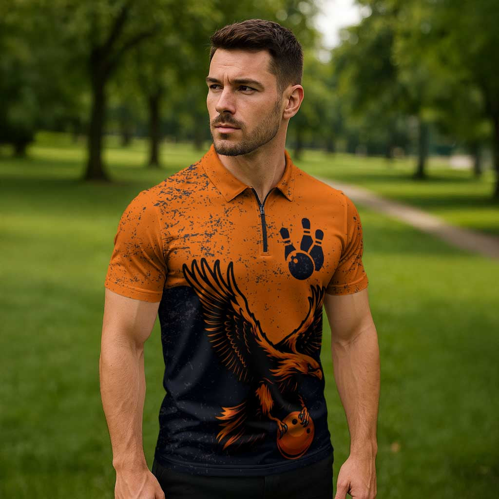 Flying Eagle Carrying Bowling Ball Zipper Polo Shirt with Grunge Orange and Black Splatter Design - Wonder Print Shop