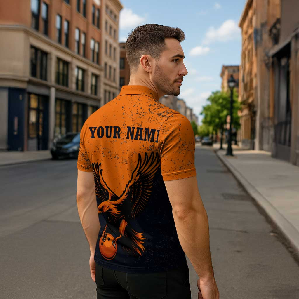 Flying Eagle Carrying Bowling Ball Zipper Polo Shirt with Grunge Orange and Black Splatter Design - Wonder Print Shop