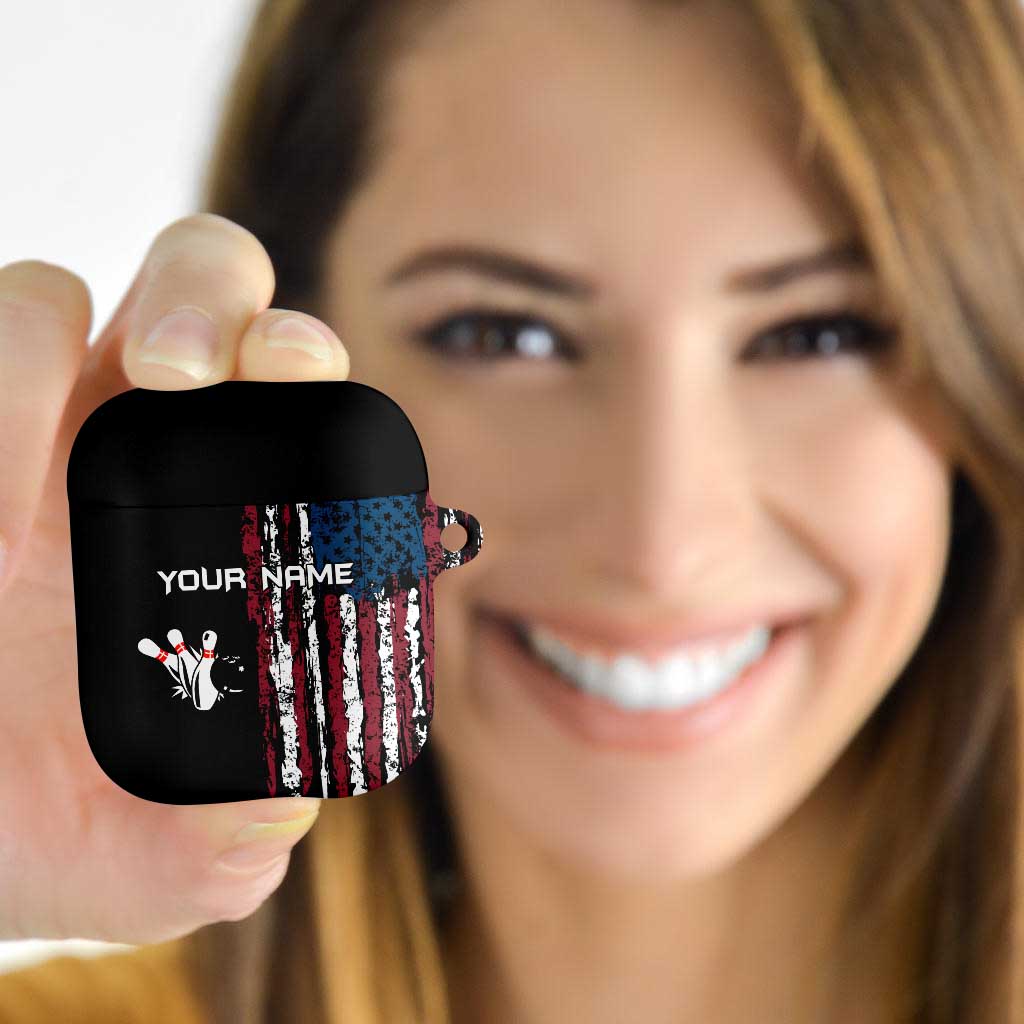 Distressed American Flag AirPods Case with Bowling Pins and Ball Vertical Stripe Design - Wonder Print Shop