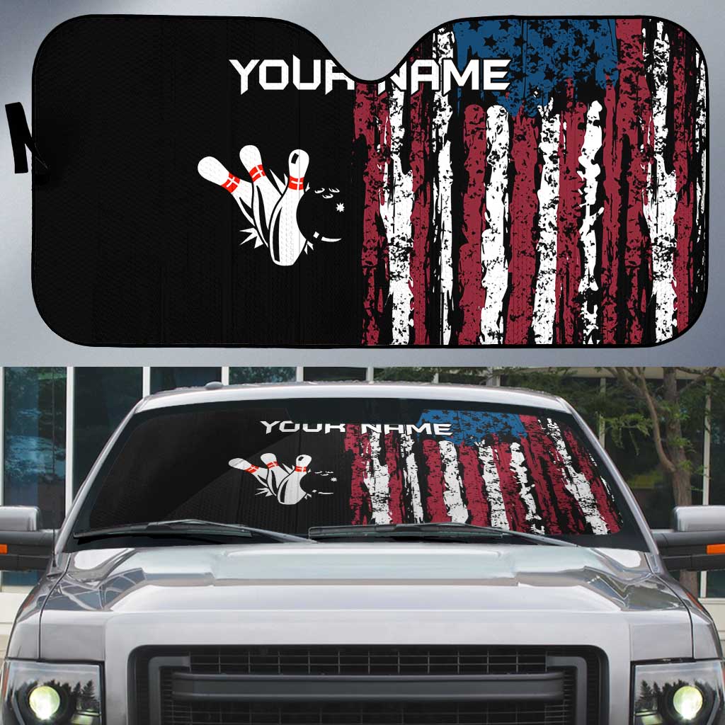 Distressed American Flag Auto Sun Shade with Bowling Pins and Ball Vertical Stripe Design - Wonder Print Shop