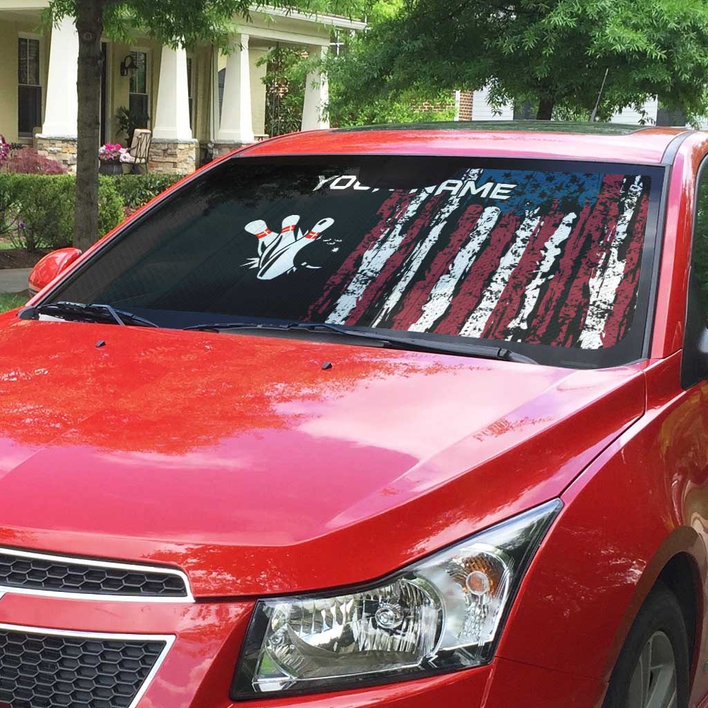 Distressed American Flag Auto Sun Shade with Bowling Pins and Ball Vertical Stripe Design - Wonder Print Shop