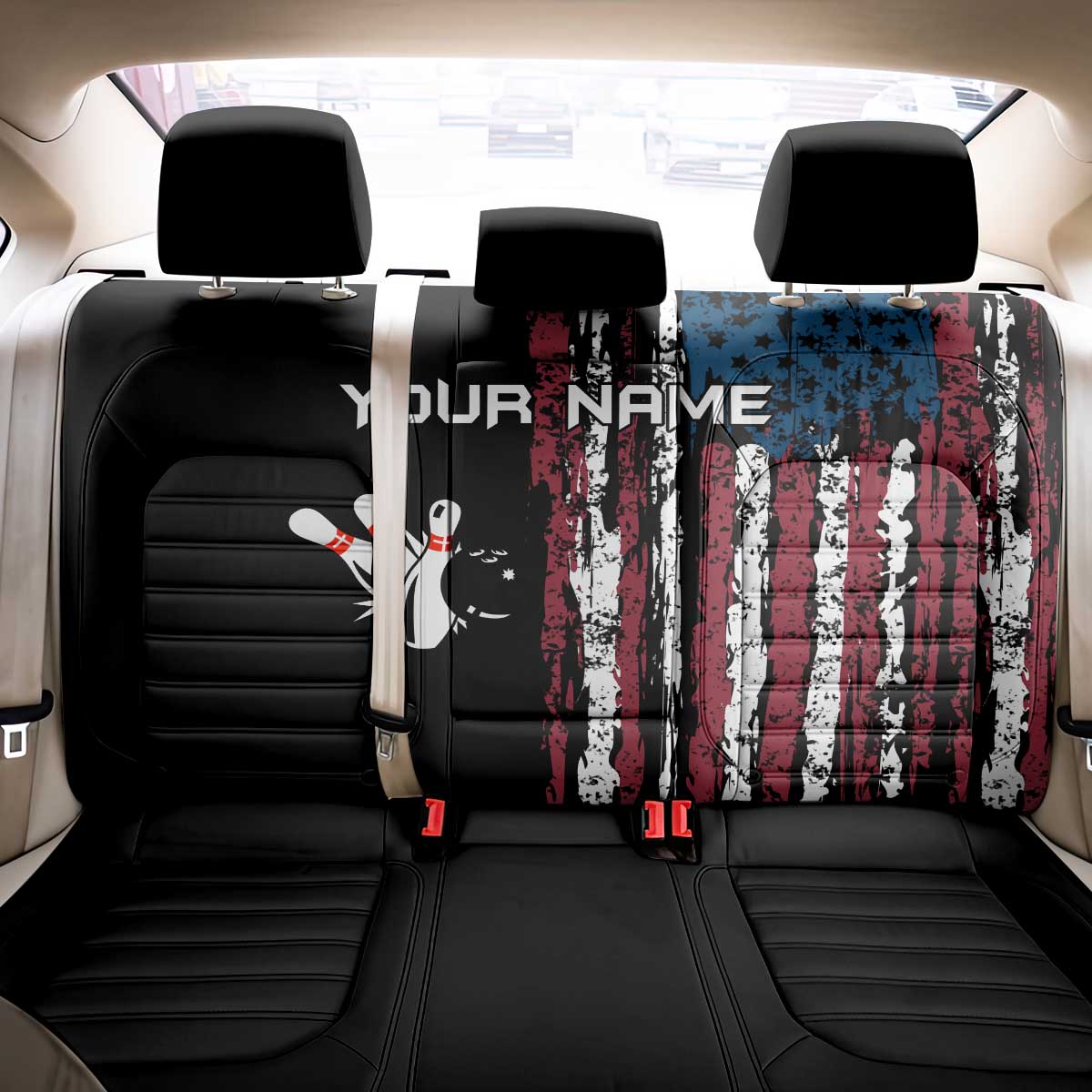 Distressed American Flag Back Car Seat Cover with Bowling Pins and Ball Vertical Stripe Design - Wonder Print Shop