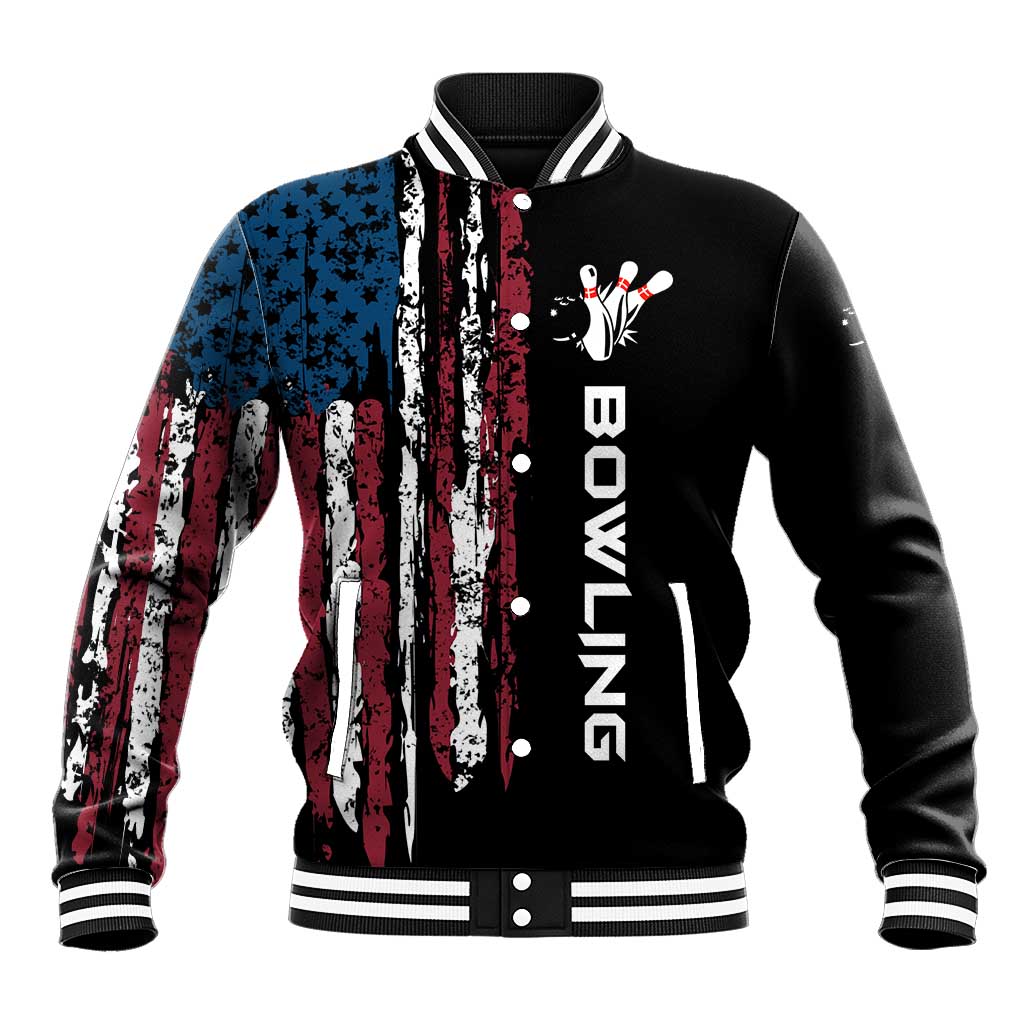 Distressed American Flag Baseball Jacket with Bowling Pins and Ball Vertical Stripe Design - Wonder Print Shop