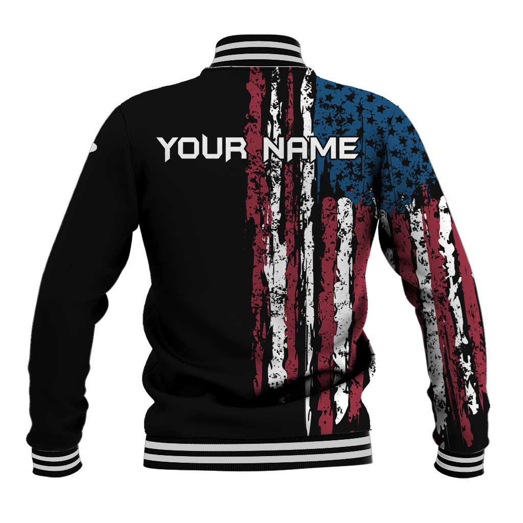 Distressed American Flag Baseball Jacket with Bowling Pins and Ball Vertical Stripe Design - Wonder Print Shop