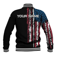 Distressed American Flag Baseball Jacket with Bowling Pins and Ball Vertical Stripe Design - Wonder Print Shop