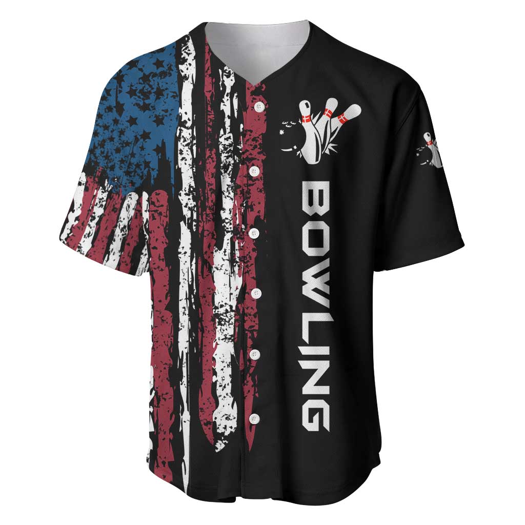 Distressed American Flag Baseball Jersey with Bowling Pins and Ball Vertical Stripe Design - Wonder Print Shop