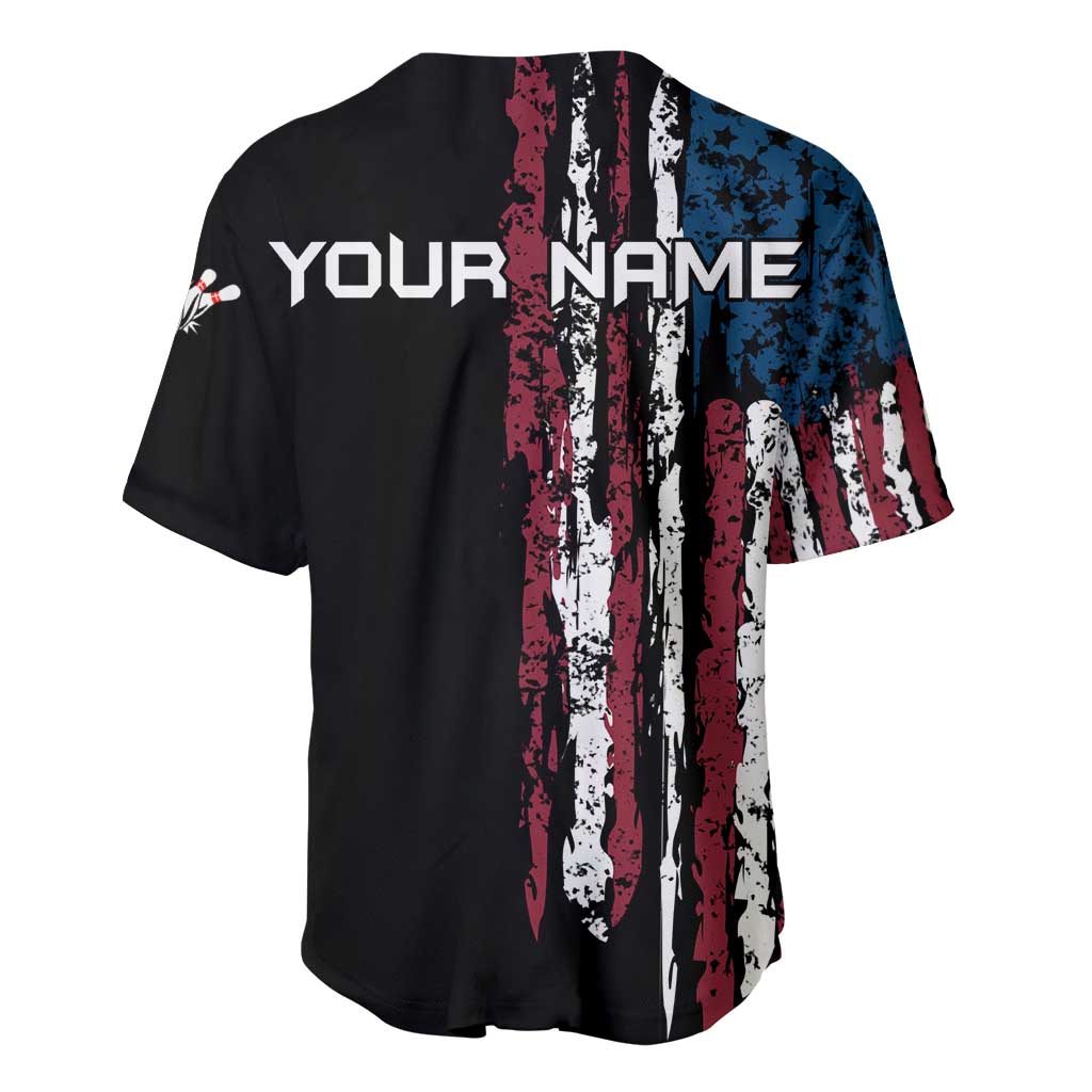 Distressed American Flag Baseball Jersey with Bowling Pins and Ball Vertical Stripe Design - Wonder Print Shop