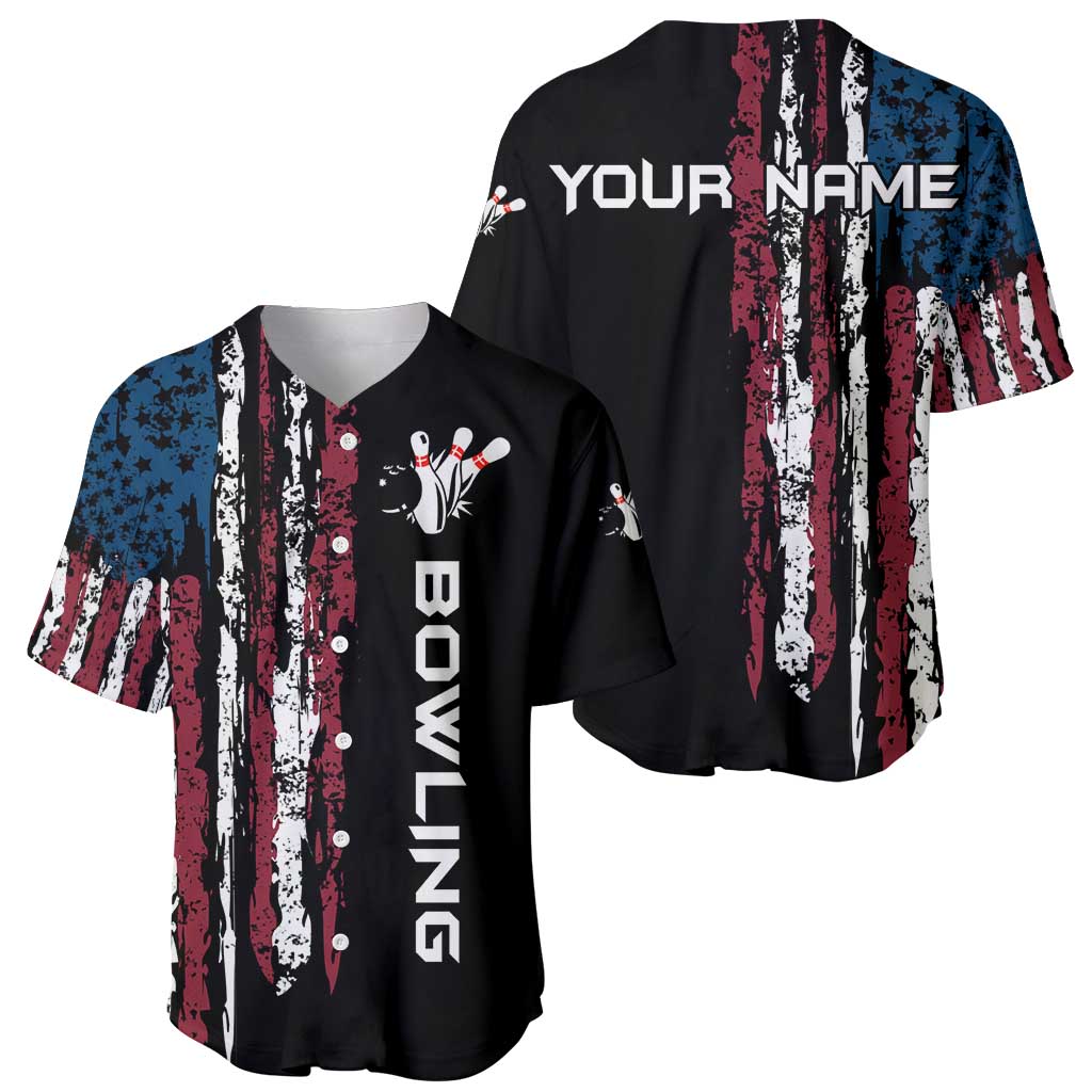 Distressed American Flag Baseball Jersey with Bowling Pins and Ball Vertical Stripe Design - Wonder Print Shop