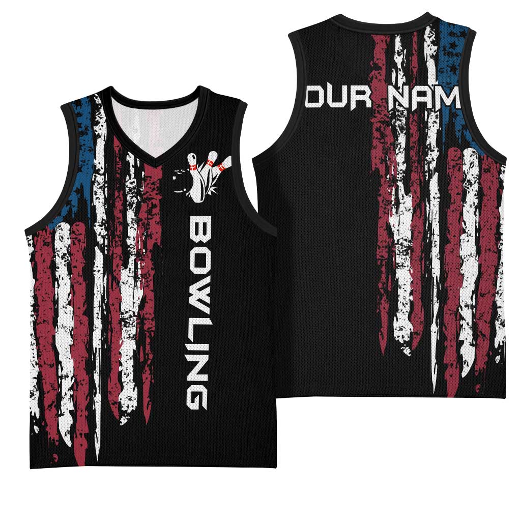 Distressed American Flag Basketball Jersey with Bowling Pins and Ball Vertical Stripe Design - Wonder Print Shop