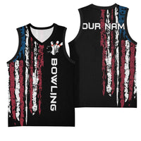 Distressed American Flag Basketball Jersey with Bowling Pins and Ball Vertical Stripe Design - Wonder Print Shop