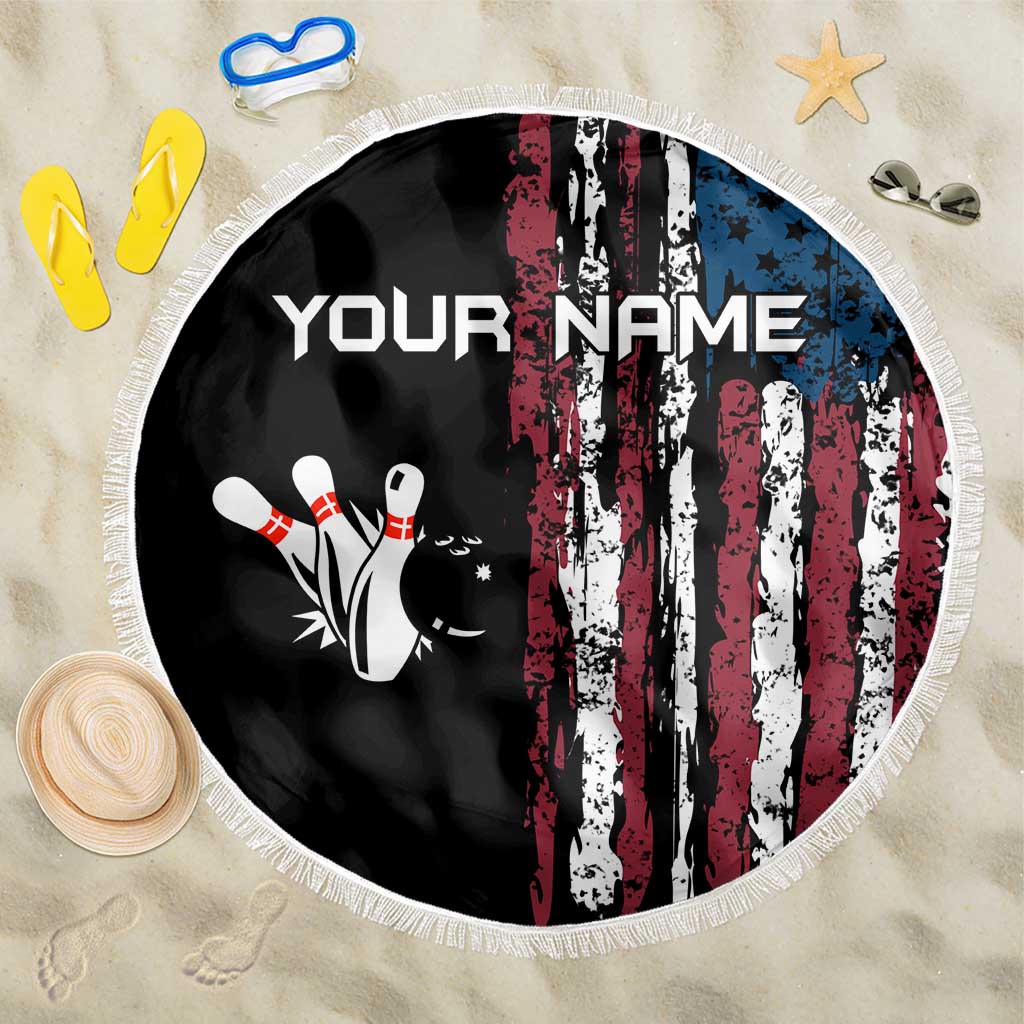 Distressed American Flag Beach Blanket with Bowling Pins and Ball Vertical Stripe Design - Wonder Print Shop