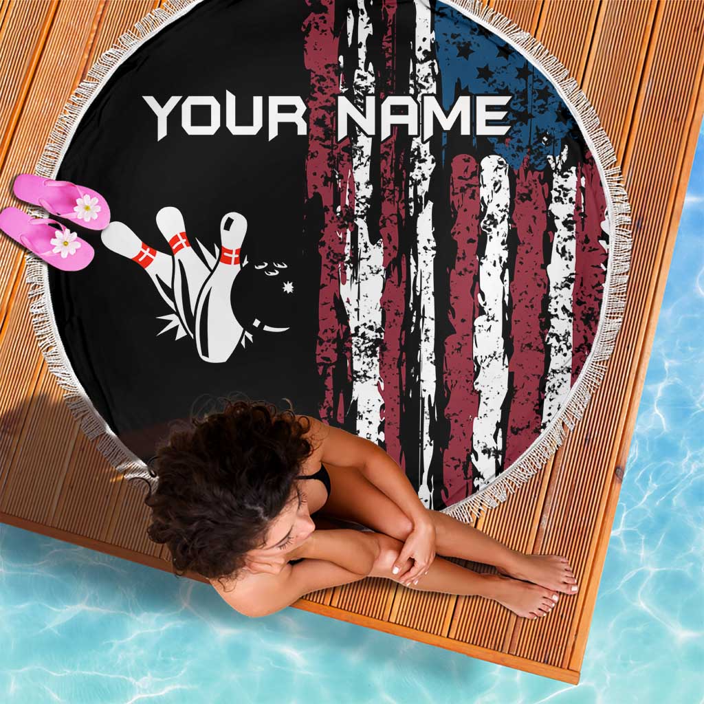Distressed American Flag Beach Blanket with Bowling Pins and Ball Vertical Stripe Design - Wonder Print Shop