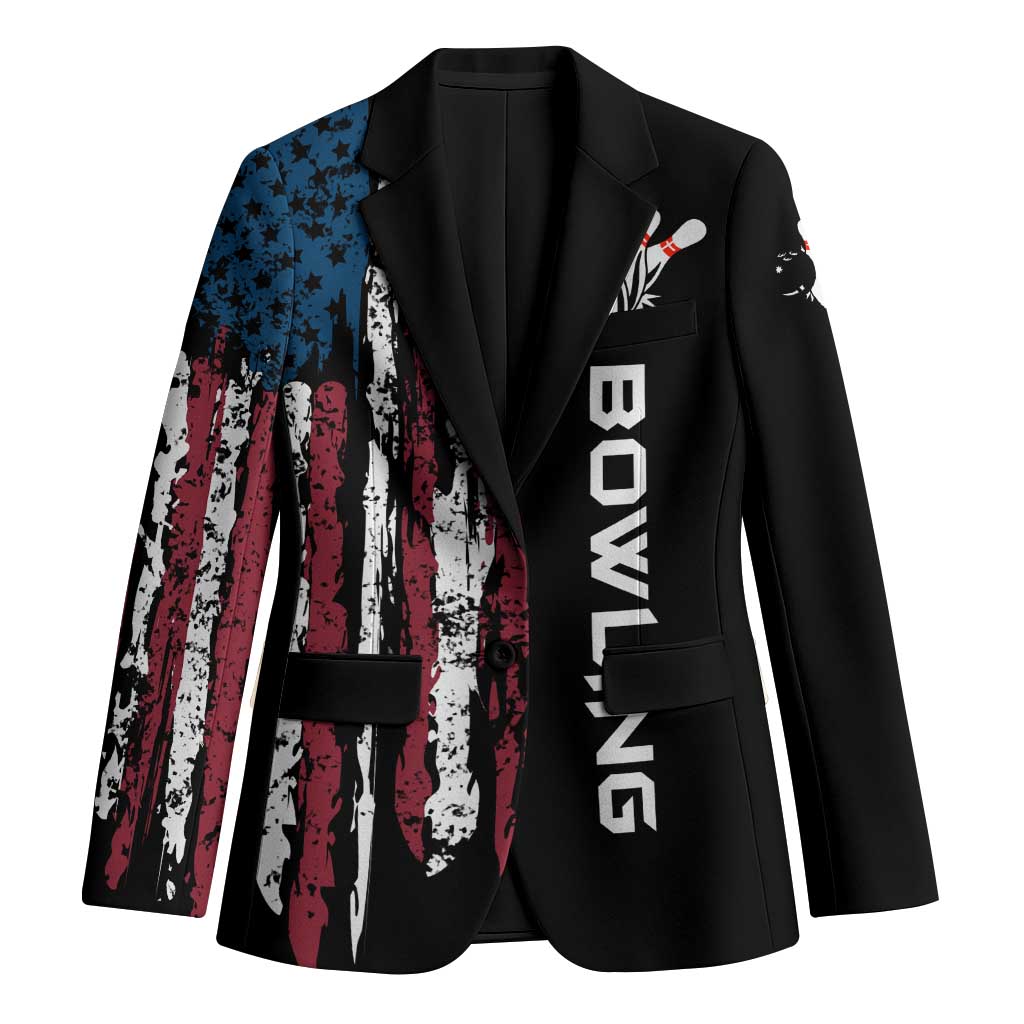 Distressed American Flag Blazer with Bowling Pins and Ball Vertical Stripe Design - Wonder Print Shop
