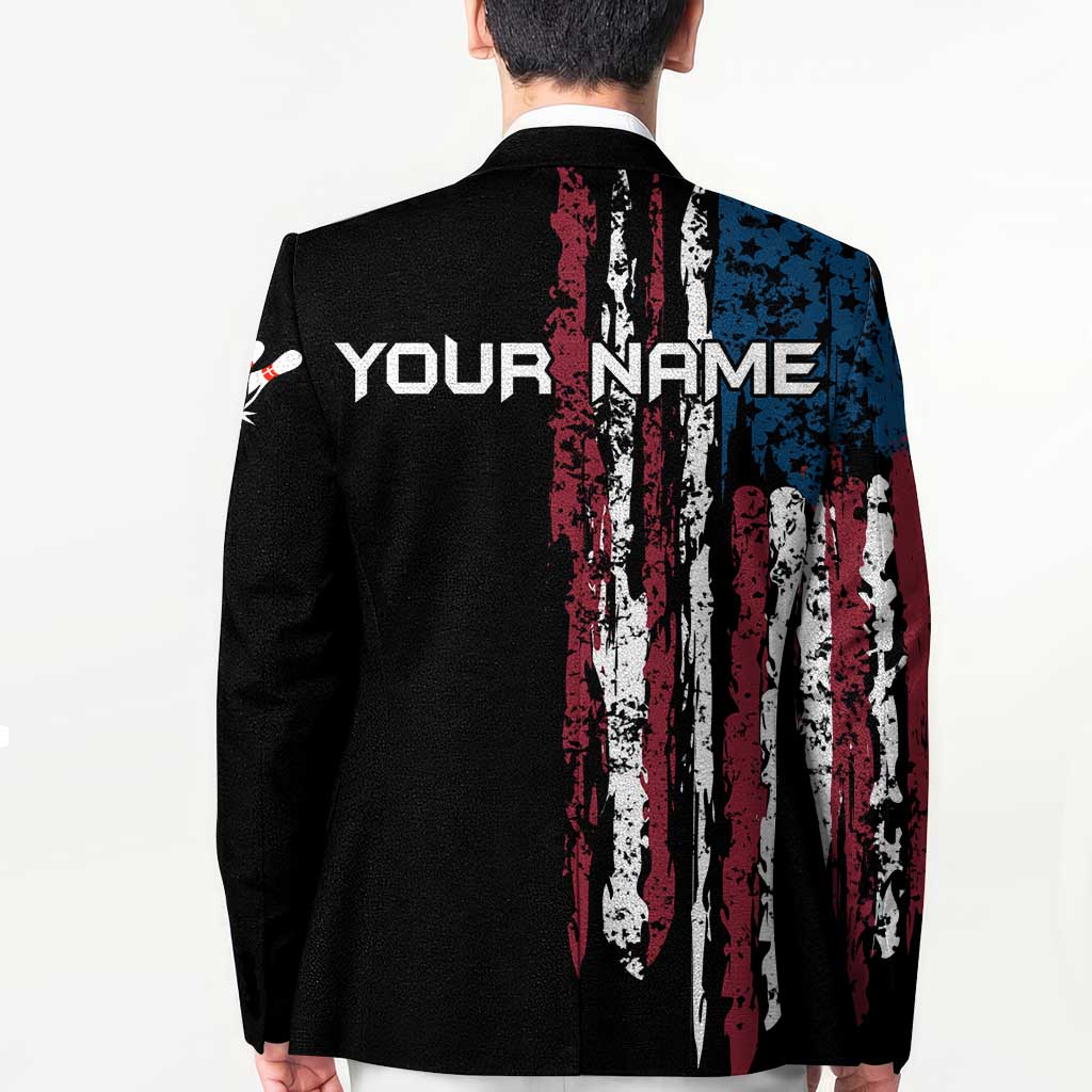 Distressed American Flag Blazer with Bowling Pins and Ball Vertical Stripe Design - Wonder Print Shop