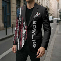 Distressed American Flag Blazer with Bowling Pins and Ball Vertical Stripe Design - Wonder Print Shop