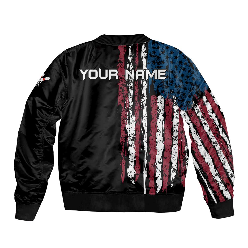 Distressed American Flag Bomber Jacket with Bowling Pins and Ball Vertical Stripe Design - Wonder Print Shop