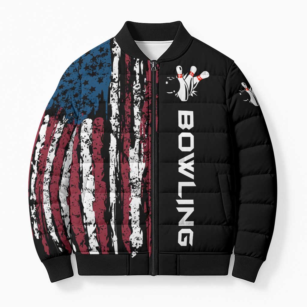 Distressed American Flag Bomber Puffer Jacket with Bowling Pins and Ball Vertical Stripe Design - Wonder Print Shop