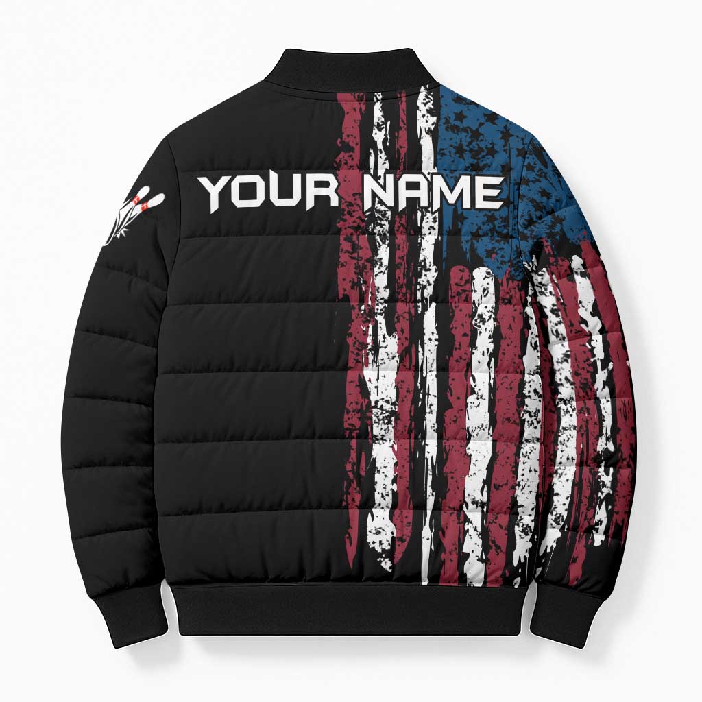 Distressed American Flag Bomber Puffer Jacket with Bowling Pins and Ball Vertical Stripe Design - Wonder Print Shop