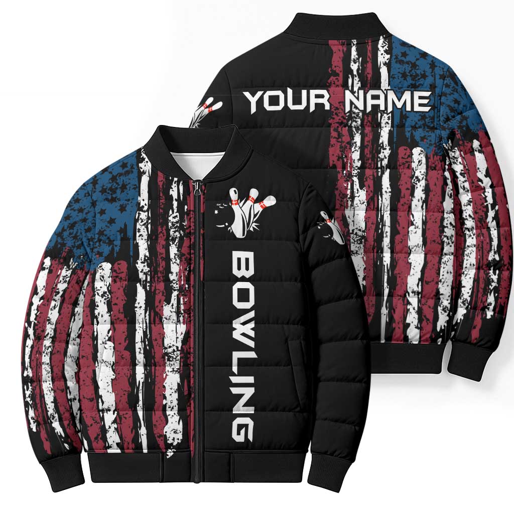Distressed American Flag Bomber Puffer Jacket with Bowling Pins and Ball Vertical Stripe Design - Wonder Print Shop
