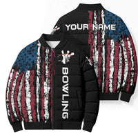 Distressed American Flag Bomber Puffer Jacket with Bowling Pins and Ball Vertical Stripe Design - Wonder Print Shop