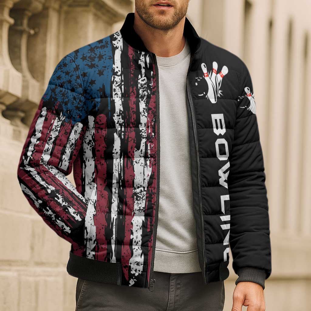 Distressed American Flag Bomber Puffer Jacket with Bowling Pins and Ball Vertical Stripe Design - Wonder Print Shop