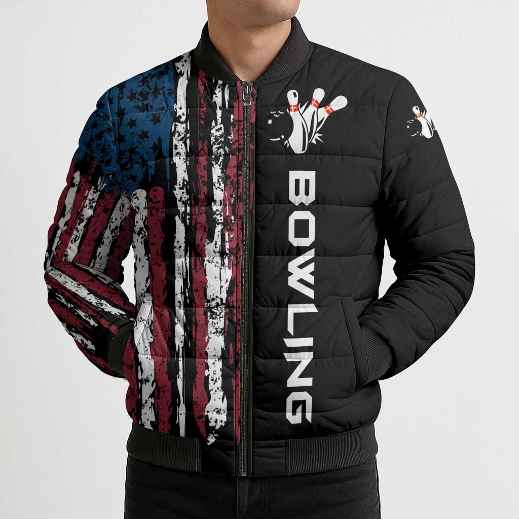 Distressed American Flag Bomber Puffer Jacket with Bowling Pins and Ball Vertical Stripe Design - Wonder Print Shop