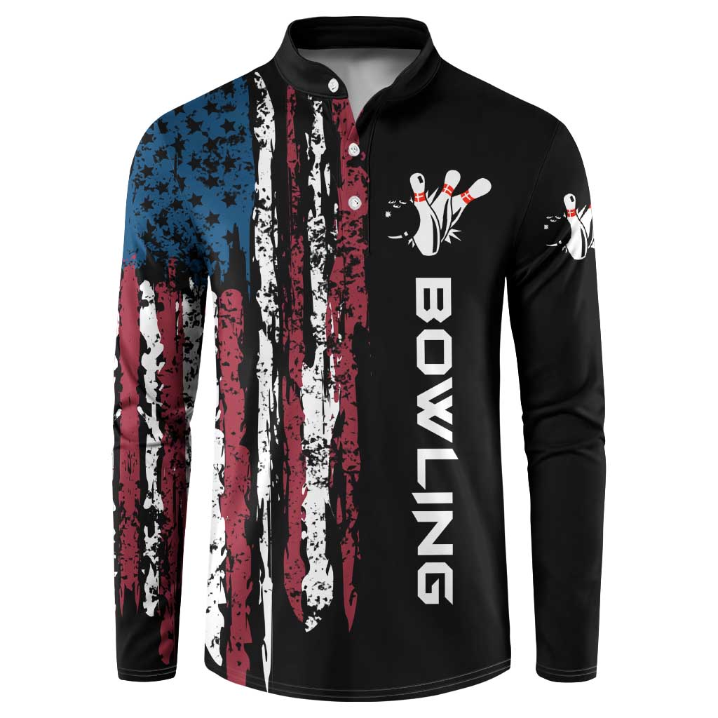 Distressed American Flag Button Sweatshirt with Bowling Pins and Ball Vertical Stripe Design - Wonder Print Shop
