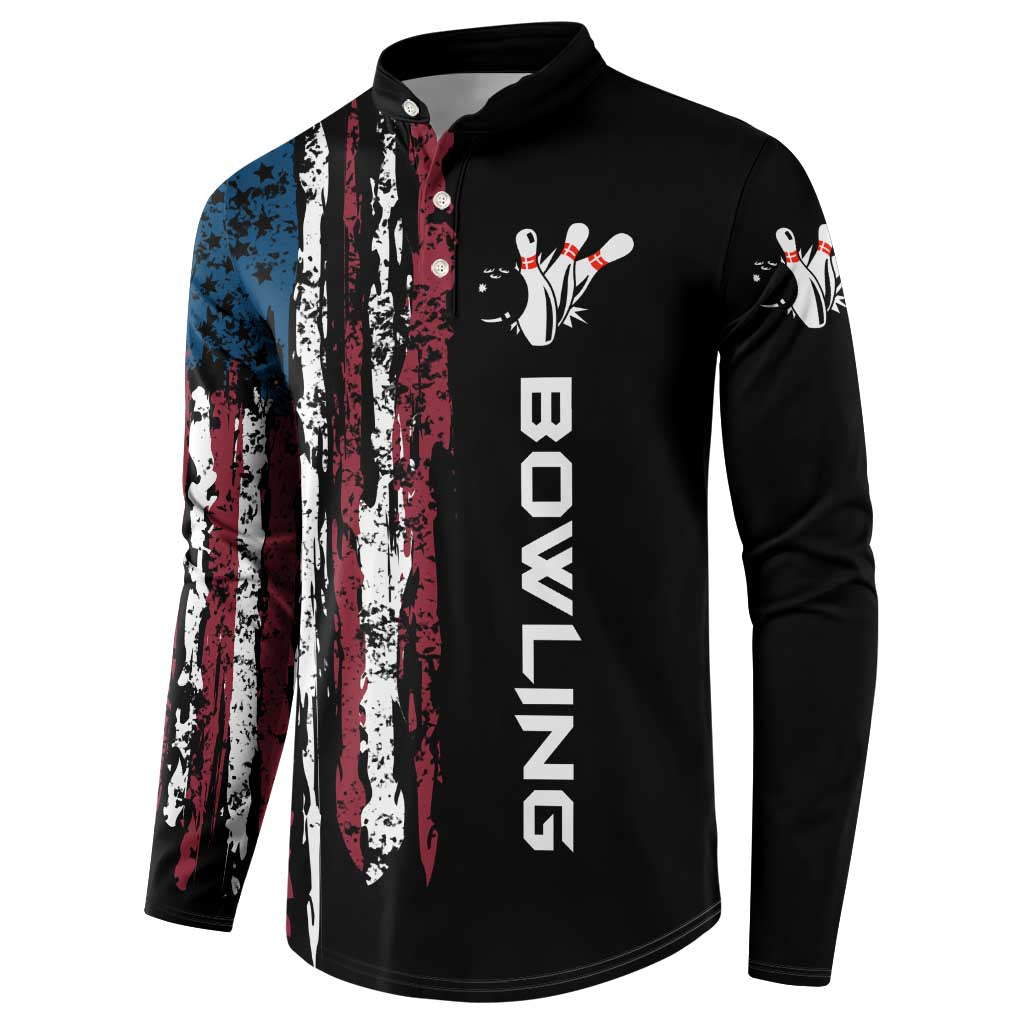 Distressed American Flag Button Sweatshirt with Bowling Pins and Ball Vertical Stripe Design - Wonder Print Shop