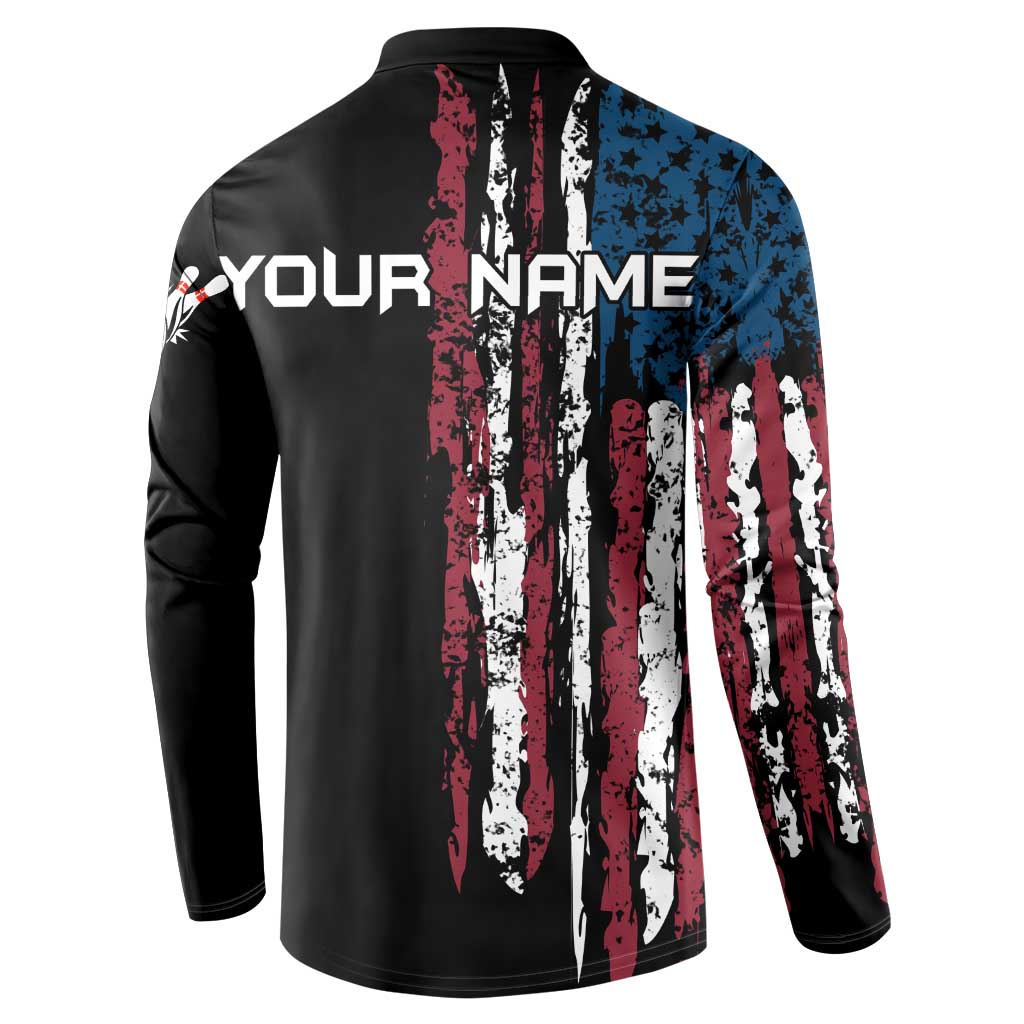 Distressed American Flag Button Sweatshirt with Bowling Pins and Ball Vertical Stripe Design - Wonder Print Shop