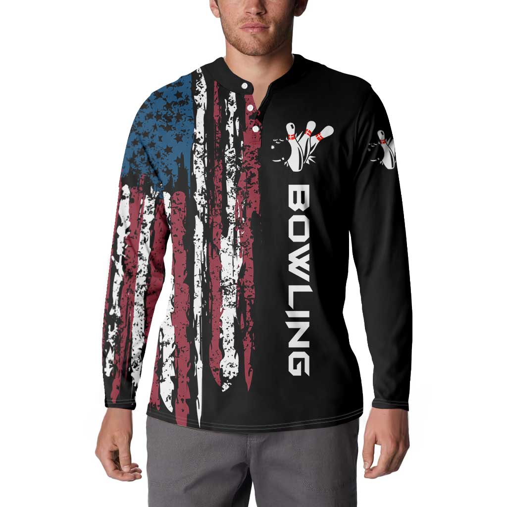 Distressed American Flag Button Sweatshirt with Bowling Pins and Ball Vertical Stripe Design - Wonder Print Shop