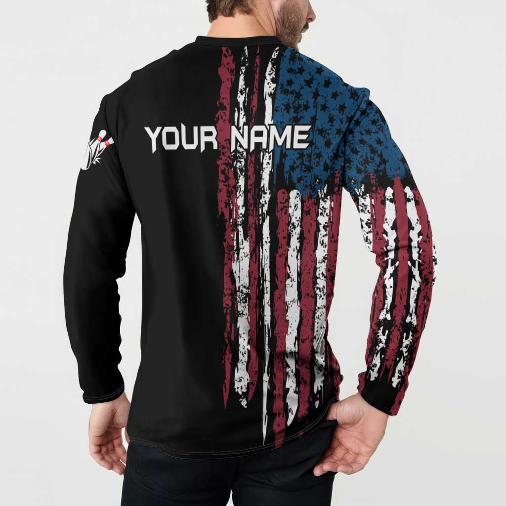 Distressed American Flag Button Sweatshirt with Bowling Pins and Ball Vertical Stripe Design - Wonder Print Shop