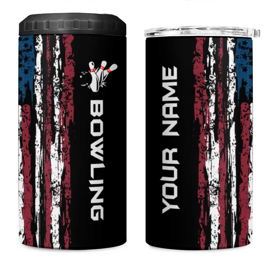 Distressed American Flag 4 in 1 Can Cooler Tumbler with Bowling Pins and Ball Vertical Stripe Design - Wonder Print Shop