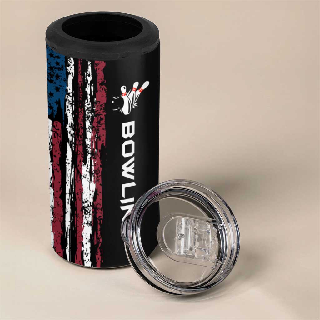 Distressed American Flag 4 in 1 Can Cooler Tumbler with Bowling Pins and Ball Vertical Stripe Design - Wonder Print Shop