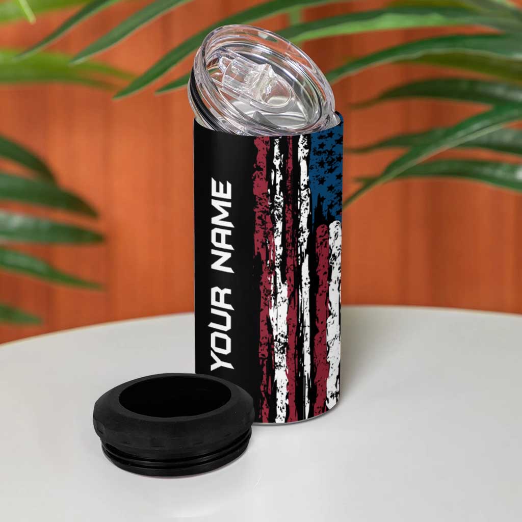 Distressed American Flag 4 in 1 Can Cooler Tumbler with Bowling Pins and Ball Vertical Stripe Design - Wonder Print Shop