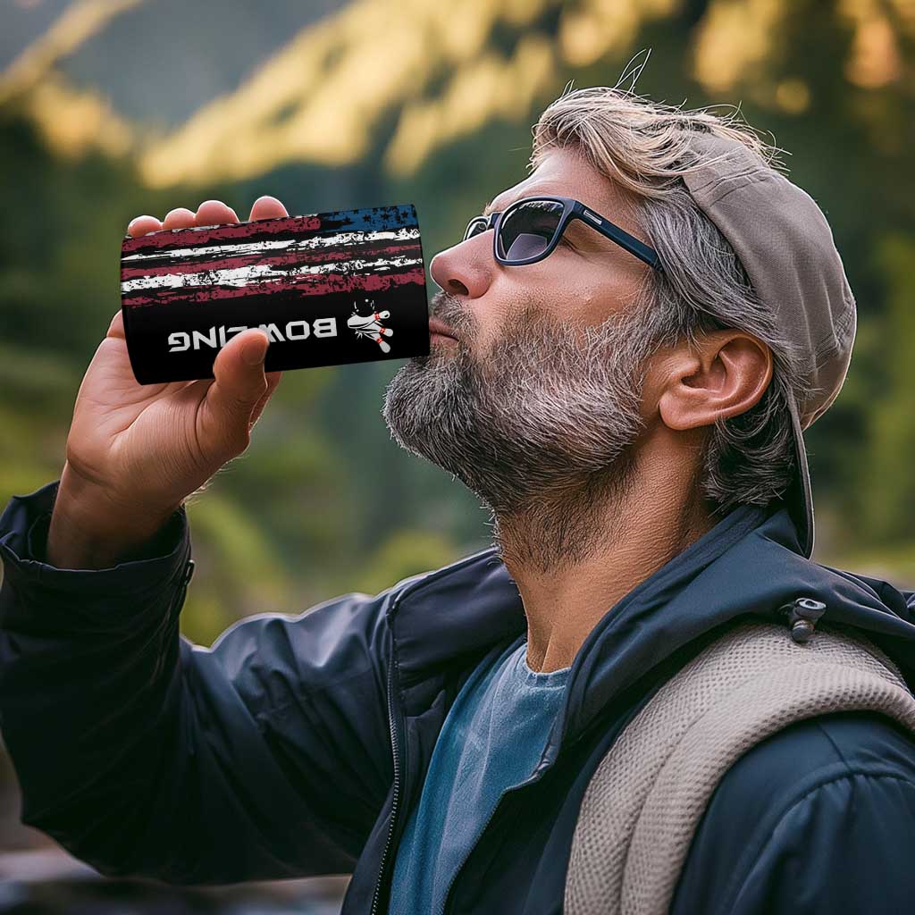 Distressed American Flag 4 in 1 Can Cooler Tumbler with Bowling Pins and Ball Vertical Stripe Design - Wonder Print Shop