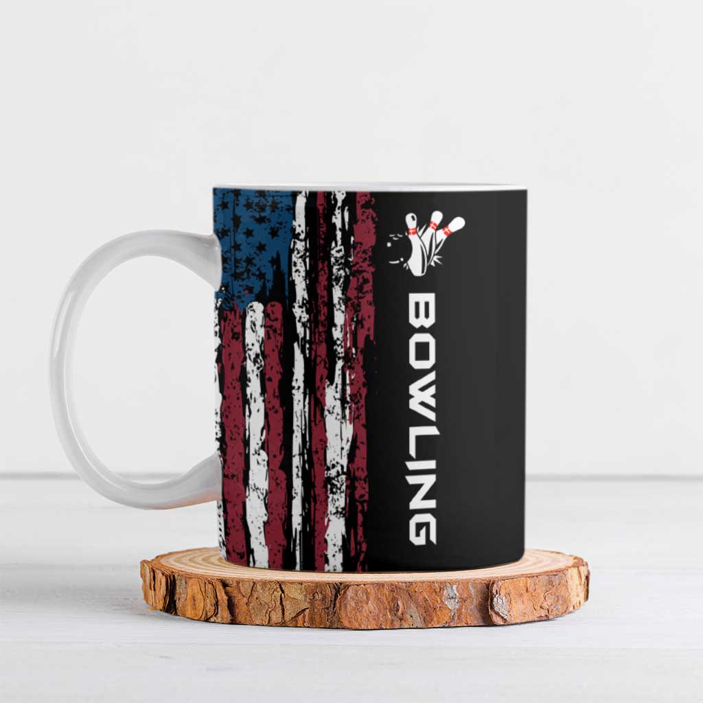 Distressed American Flag Ceramic Mug with Bowling Pins and Ball Vertical Stripe Design - Wonder Print Shop