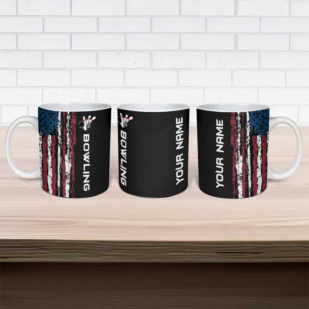 Distressed American Flag Ceramic Mug with Bowling Pins and Ball Vertical Stripe Design - Wonder Print Shop
