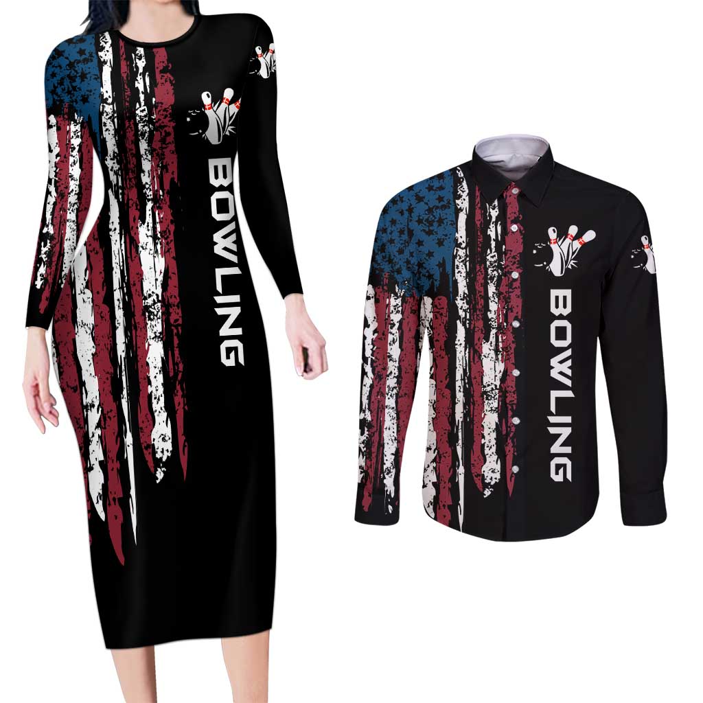 Distressed American Flag Couples Matching Long Sleeve Bodycon Dress and Long Sleeve Button Shirt with Bowling Pins and Ball Vertical Stripe Design - Wonder Print Shop