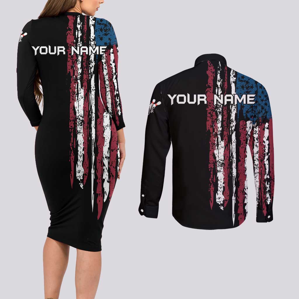 Distressed American Flag Couples Matching Long Sleeve Bodycon Dress and Long Sleeve Button Shirt with Bowling Pins and Ball Vertical Stripe Design - Wonder Print Shop