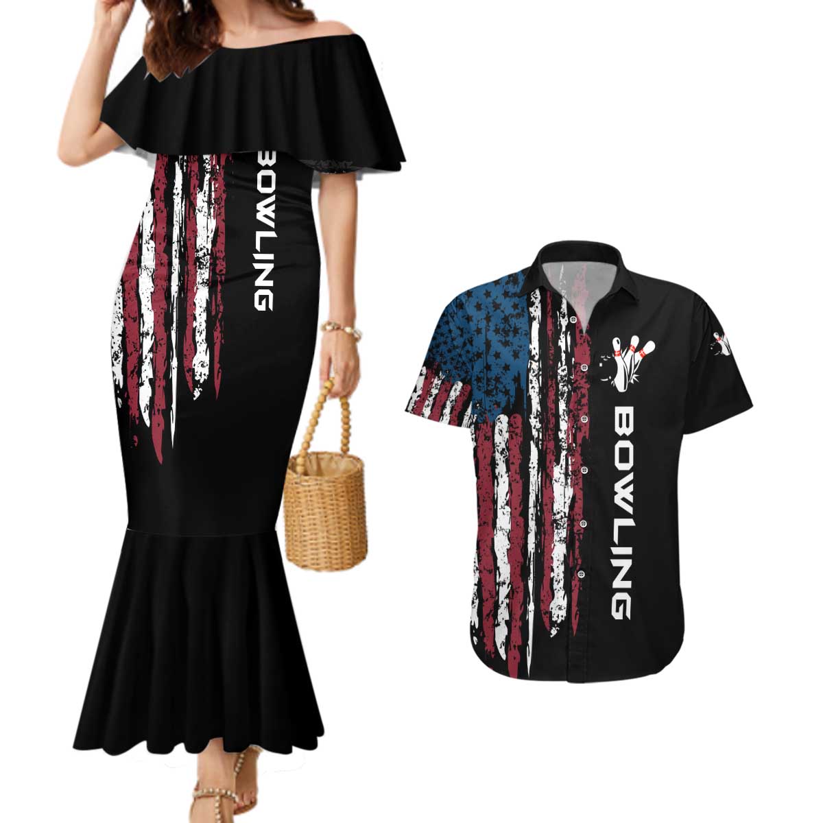 Distressed American Flag Couples Matching Mermaid Dress and Hawaiian Shirt with Bowling Pins and Ball Vertical Stripe Design - Wonder Print Shop