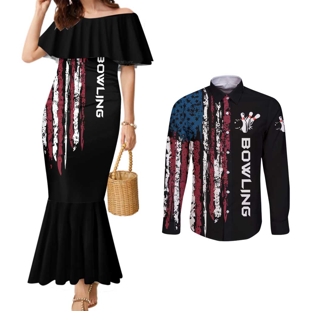 Distressed American Flag Couples Matching Mermaid Dress and Long Sleeve Button Shirt with Bowling Pins and Ball Vertical Stripe Design - Wonder Print Shop